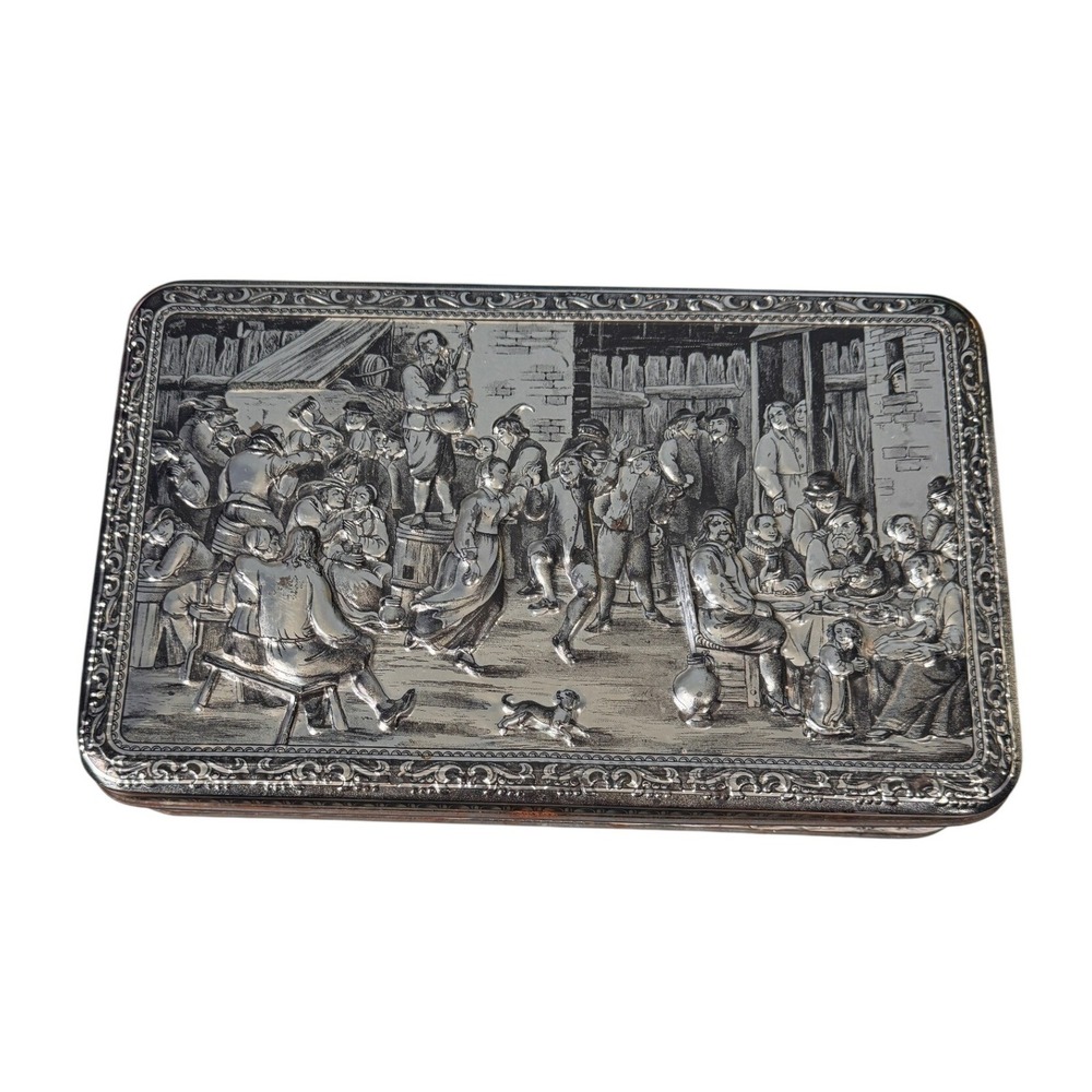 Vintage 1950 Teniers Belgium Embossed Metal Tin Flemish Village Scene SilverTone